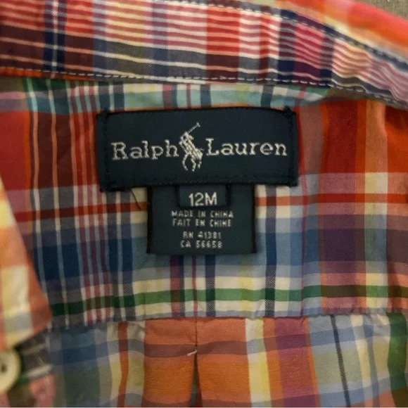 Ralph Lauren Boy’s Orange Plaid Short Sleeve Button Down Shirt Size 12 Months - Picture 3 of 6